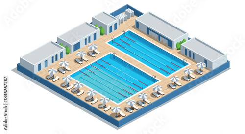 Isometric outdoor swimming pool complex design for recreation and leisure projects