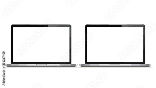 A pair of modern, sleek laptops with blank white screens, a versatile digital device template isolated on a white background for design presentation