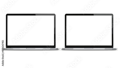 A realistic set of two modern slim laptops with blank white screens, isolated on a white background, serving as a versatile digital device mockup