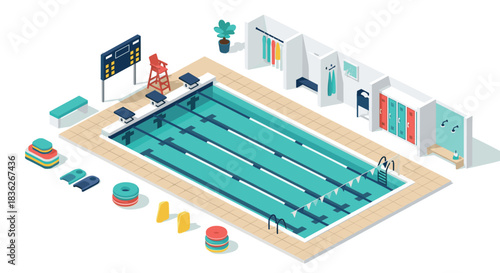 Isometric indoor swimming pool design with lanes and diving board for fitness and recreation