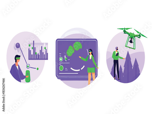 Collection of futuristic concepts with virtual reality and data visualization