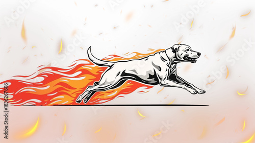 Energetic stylized illustration of a dog running with vibrant flames, conveying power and speed