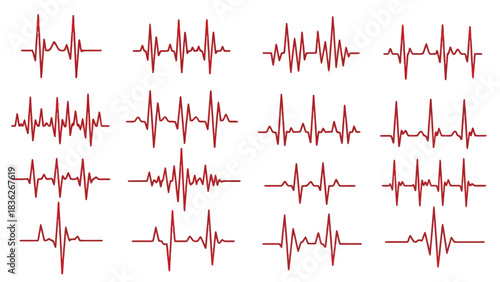 Diverse Red Heartbeat Waveform Illustrations Variations of Electrocardiogram Readings