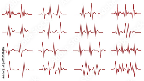 A diverse collection of red electrocardiogram line graphs illustrating various heart rhythms, pulse rates, and cardiac signals for medical analysis