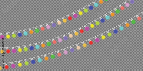 New Year banner Soft glowing bulbs hang on thread holiday lights decoration.