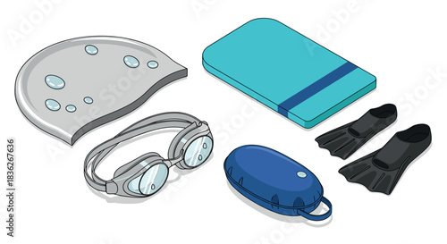 Swimming gear set with cap, goggles, kickboard, flippers, and nose clip for training and water sports