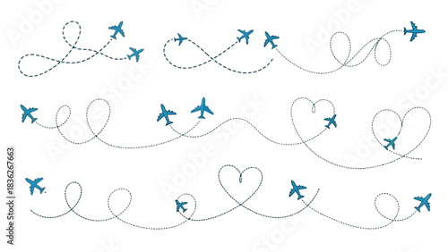 A collection of airplane flight routes with dotted lines and heart-shaped paths. This vector illustration set symbolizes travel, journey, and love for aviation