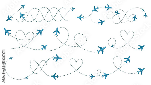 Set of cute airplanes and dotted lines illustrating different flight paths