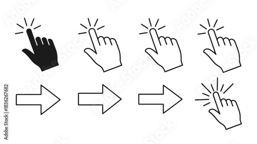 Vector icon set of hand cursors and right arrows. Includes click pointers and next button symbols, perfect for web navigation and user interface elements
