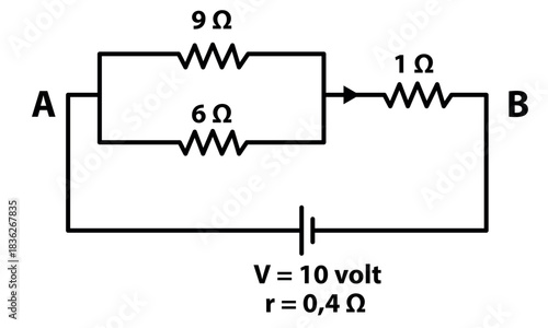 Electrical Circuit Diagram With Parallel 9Ω and 6Ω Resistors, 1Ω Link, and 10V Battery for Education and Electronics Projects