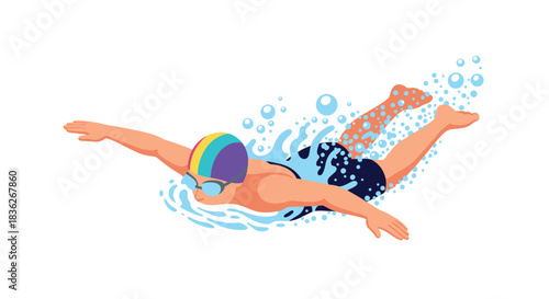 Swimmer performing butterfly stroke with splashing water for sports design