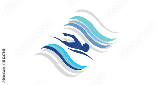Water sports enthusiast in motion with waves in blue shades - ideal design for sports event branding