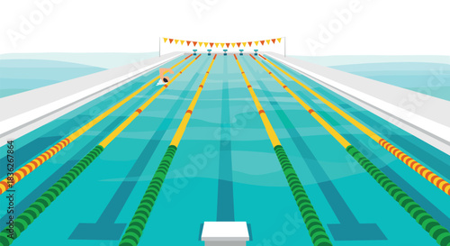 Competitive swimming pool with lanes and flags illustration for sports design