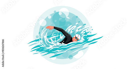 Dynamic swimming athlete in action with stylish goggles and cap illustration for sports design