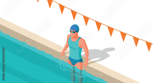 Swimmer with goggles and cap entering pool for competitive training