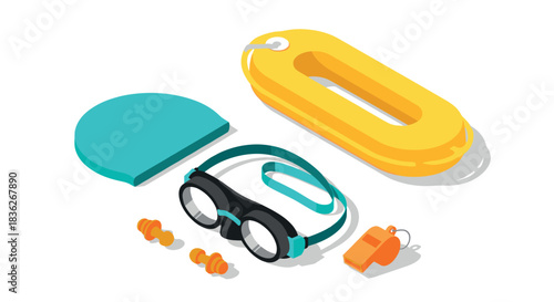 Swimming gear and safety isometric vector illustration for summer and sports design
