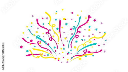 Colorful confetti and streamer explosion illustration isolated on transparent background for party celebration design element