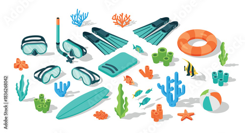 Summer vacation snorkeling and beach gear collection with coral reef elements for holiday adventure design