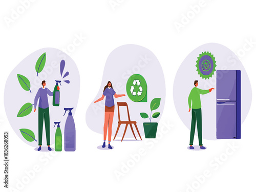 A collection of flat vector illustrations showing a sustainable and eco-friendly lifestyle at home