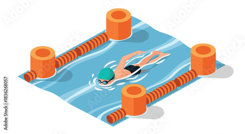 Isometric illustration of swimmer in pool lane for sports event or fitness design