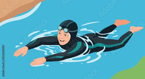 Elderly swimmer enjoying swimming in blue water for healthy lifestyle and fitness illustration