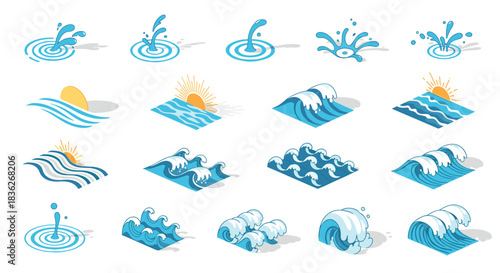 Collection of water splash and wave illustrations for design elements and projects