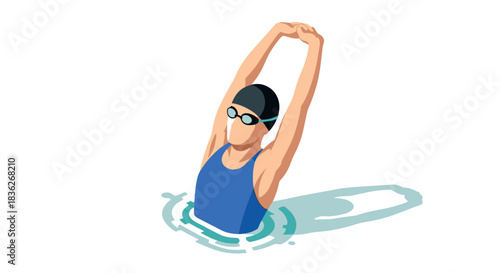 Swimmer stretching in water with goggles and swim cap for fitness and aquatic sports design