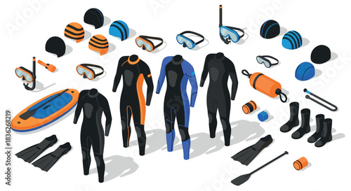 Isometric dive gear: wet suits, snorkels, masks, and accessories for water sports equipment design