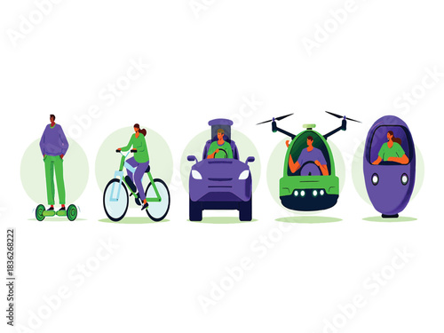 Urban mobility and transportation concept design scooters, bikes, cars, drones, pods