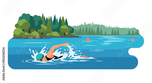 Triathlon training in scenic lake with swimmer in nature illustration for poster or print design