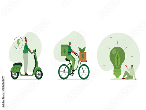 Set of illustrations promoting sustainable transport and green energy concepts