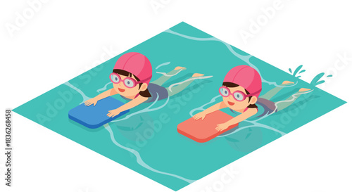 Children's swimming lesson with kickboards in pool