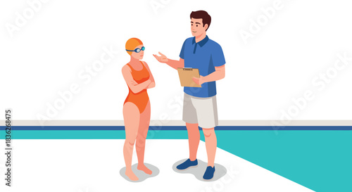 Swimming lesson coaching with instructor and young swimmer by the poolside