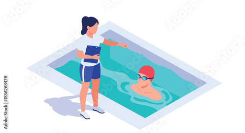 Swimming training session with coach guiding swimmer in pool illustration for sports education and fitness design
