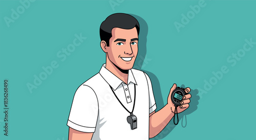 Coach holding stopwatch and whistle for training and sports timing