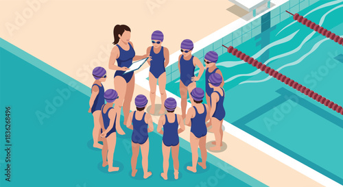 Swimming team meeting by poolside with coach for training and strategy session