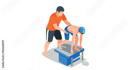 Swimming coach training young athlete for competitive start over diving board