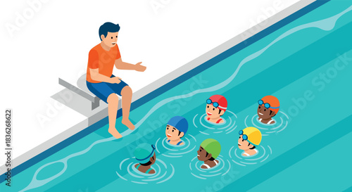 Swimming lessons for kids with instructor in vibrant cartoon style illustration for educational use