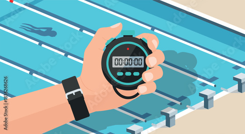 Stopwatch timing by poolside at competitive swimming event