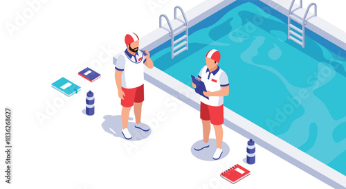 Lifeguards at swimming pool discussing safety with equipment for training and planning