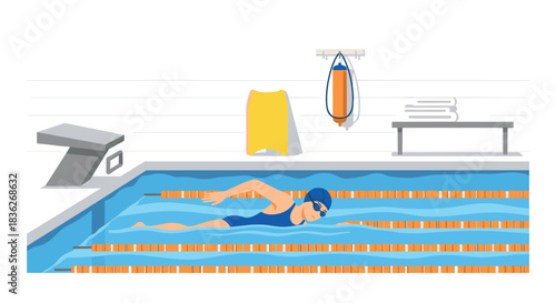 Competitive swimming training scene with swimmer in pool for sports poster design