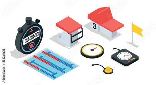 Competitive swimming equipment with stopwatch and starting block for training and race preparation