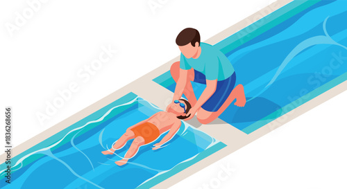 Swimming lesson with child learning to float in pool - educational summer activity for kids