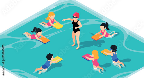 Isometric swimming lesson for kids with instructor in pool setting