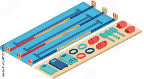 Isometric swimming pool with lanes and accessories for sports design