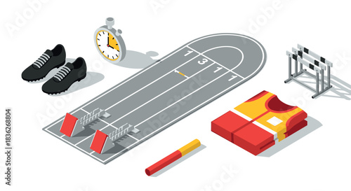 Isometric track and field equipment illustrations for sports poster and design