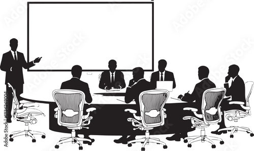 Business Meeting: A gathering of business professionals in a formal meeting. They are focused on a screen. capturing the dynamics of a corporate setting and teamwork.
