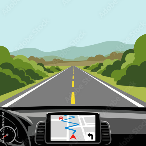 Driving perspective showing navigation system on dashboard and open road ahead.