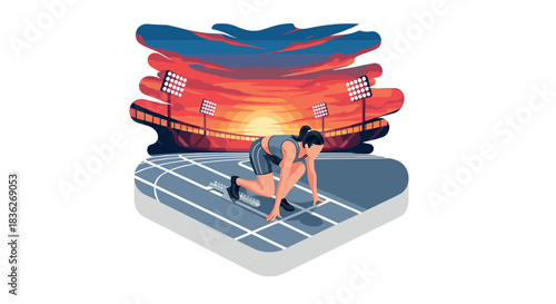 Athlete preparing for race on track field at sunset, sports illustration for fitness motivation and event promotion