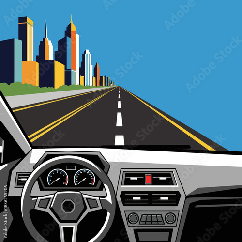 Car interior view from the drivers perspective, dashboard and steering wheel visible.